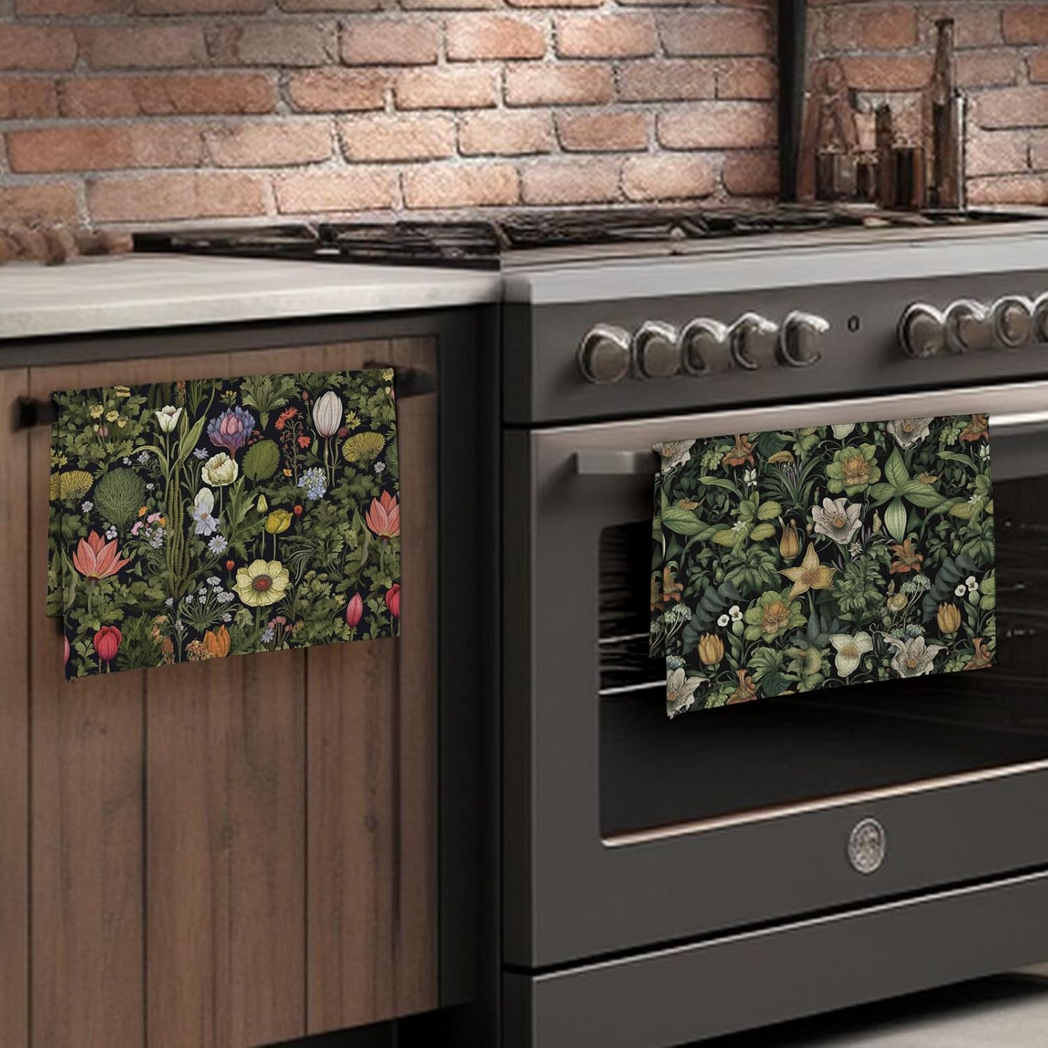 Vintage Boho Floral Kitchen Towels Set of 2, Dark Green Botanical Decorative Dish Tea Towels, Dark Cottagecore Wildflower Floral Hand Towels for Bathroom, Cottagecore Bathroom Decor, 16X24In - Image 4