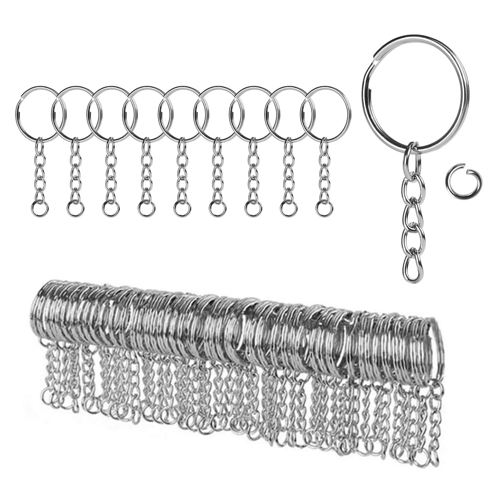 Wemoralix 110PCS Splits Hoops with Chain and 110PCS Open Jump Rings, Metal Keyring Hoops for Crafting and Keychain Making