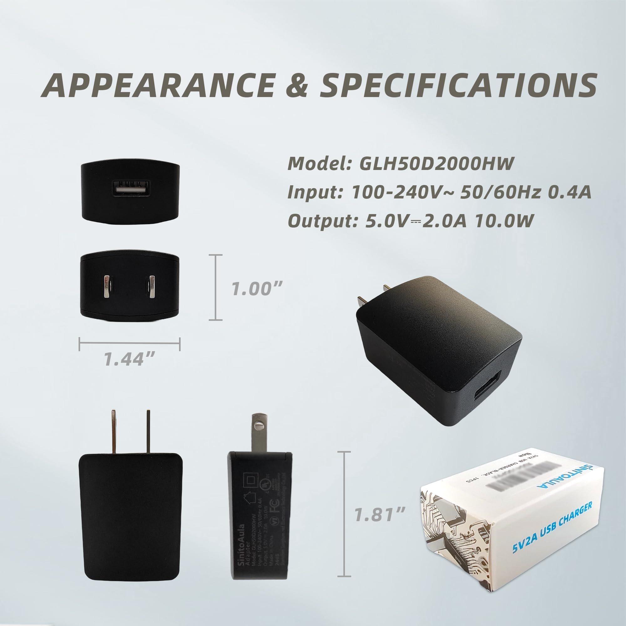 Blocco caricabatterie USB 5 V 2 A per presa a muro, certificato UL, nero, 1 pezzo, adattatore di alimentazione da 10 W per telefoni cellulari, tablet, auricolari, power bank, dispositivi