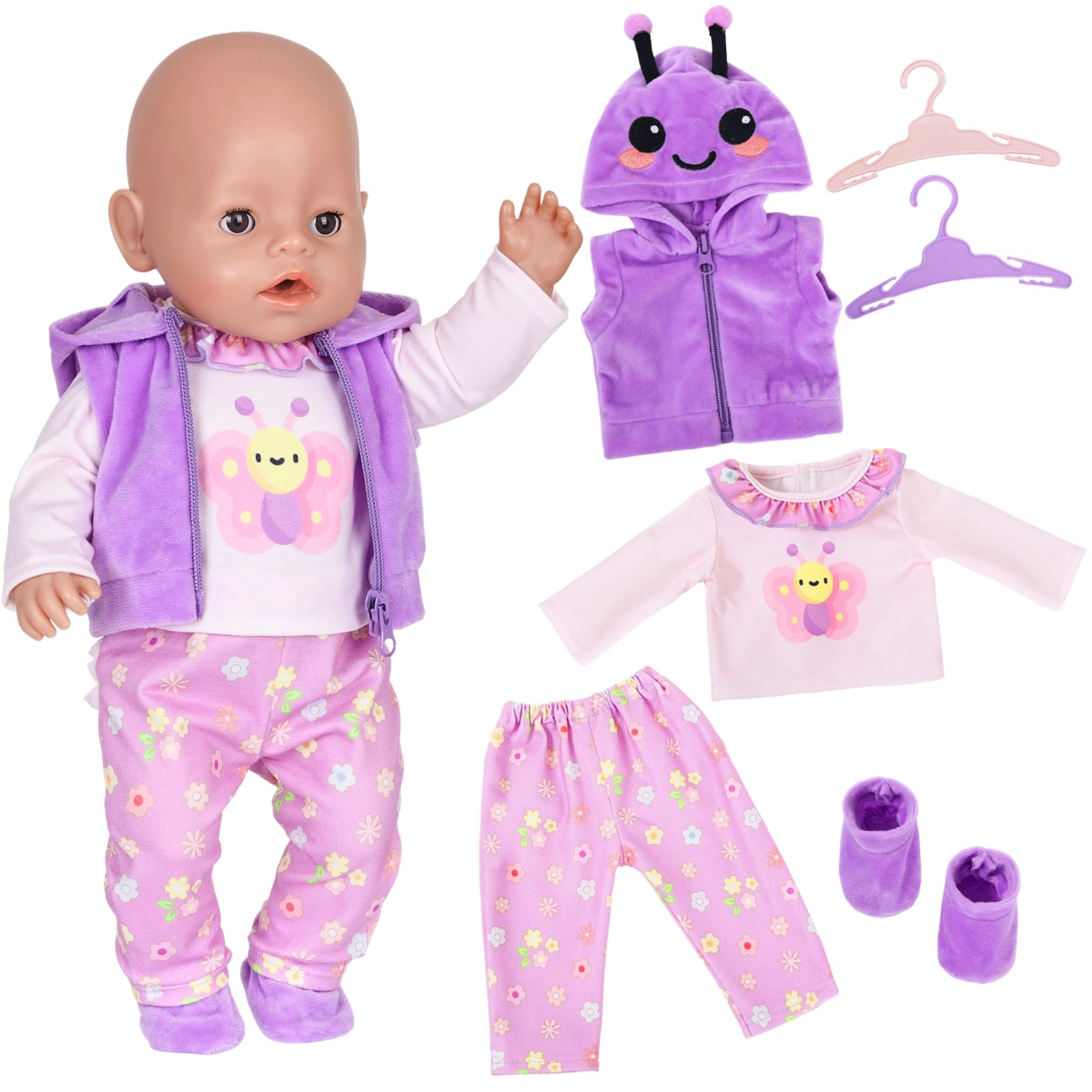 Ubranie dla lalek 35-43 cm, 6 sztuk słodkich motyli z kurtką z kapturem, falbankami, spodniami, skarpetami, wieszakami, prezent dla dziewczynek