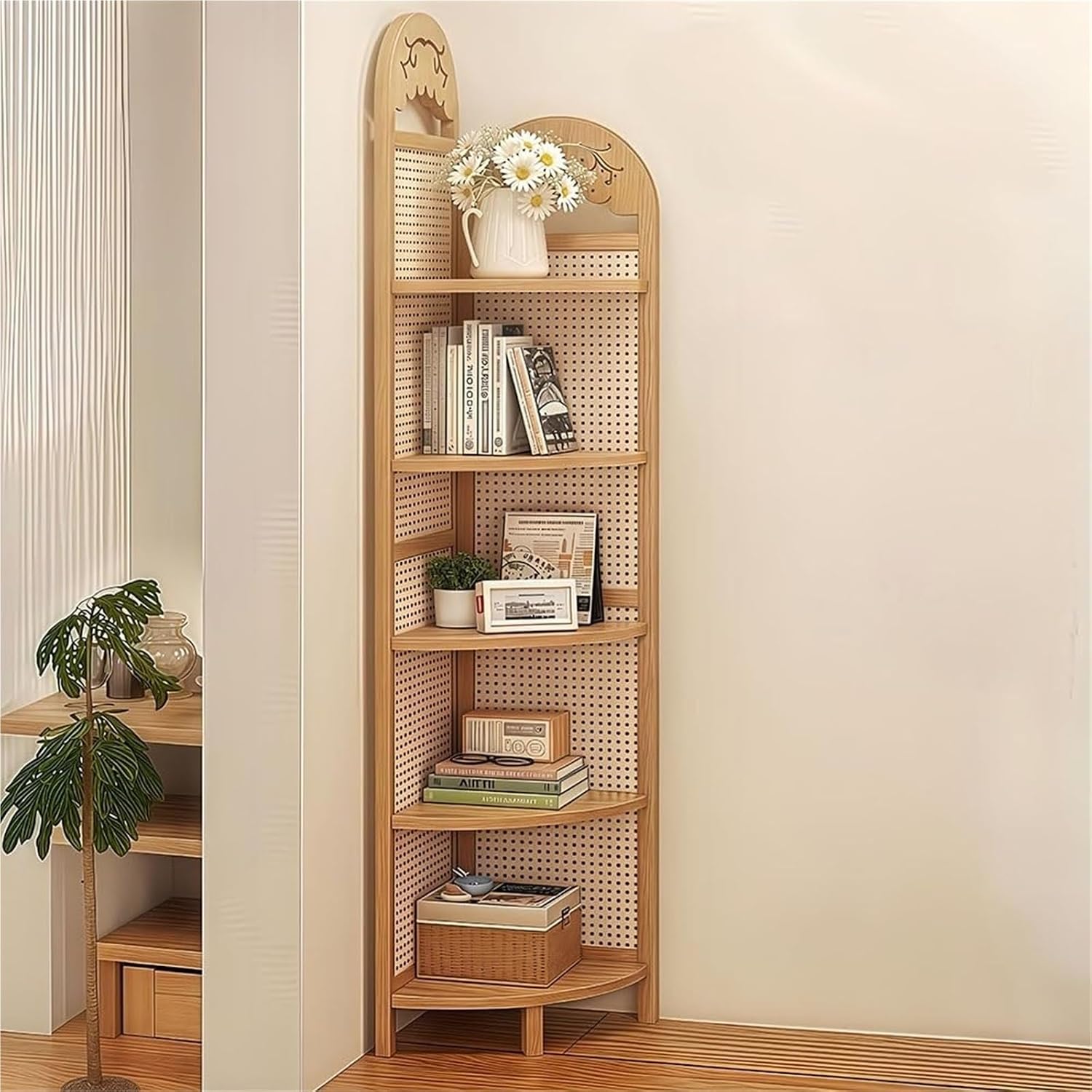 5-Tier Rattan Wood Corner Bookshelf - Freestanding Plant Stand & Storage Shelves for Living Room, Office, Apartment - Space-Saving Organizer for Home & Decor
