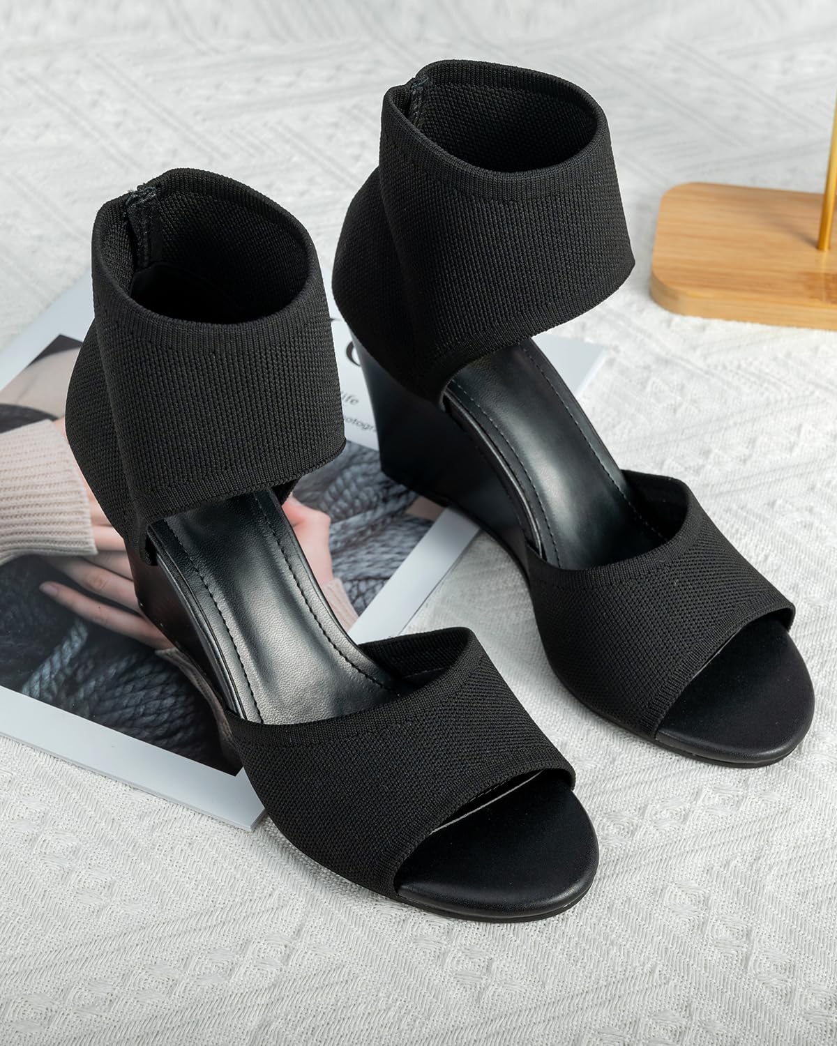 Wedge Sandals for Women Elastic Knit Peep Toe Heeled Sandals Comfortable Slip On Wedges Heels Open Toe Summer Ankle Booties Sandal for Women Dressy