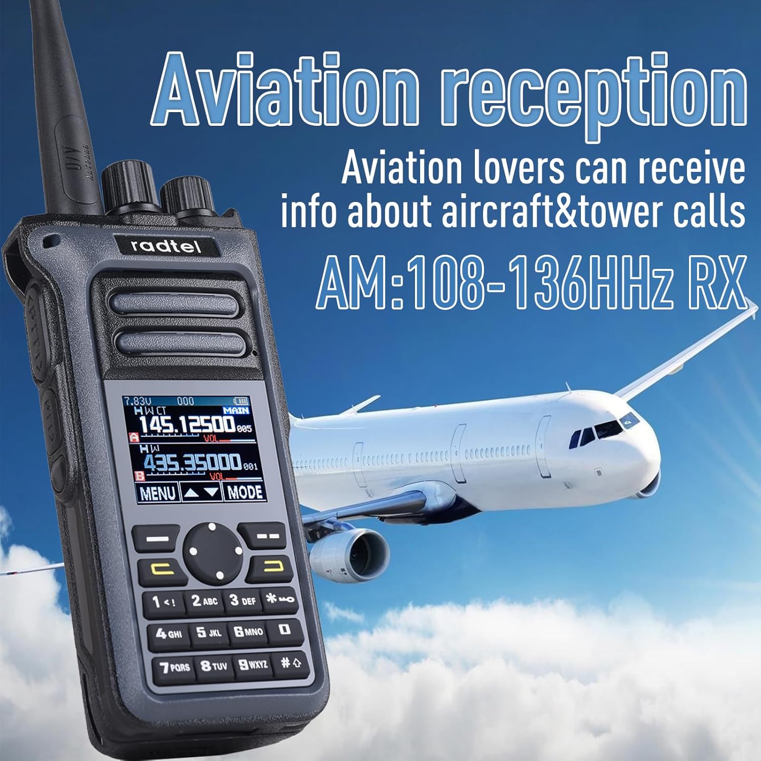 Radtel RT-752 with airplane in background, indicating aviation reception