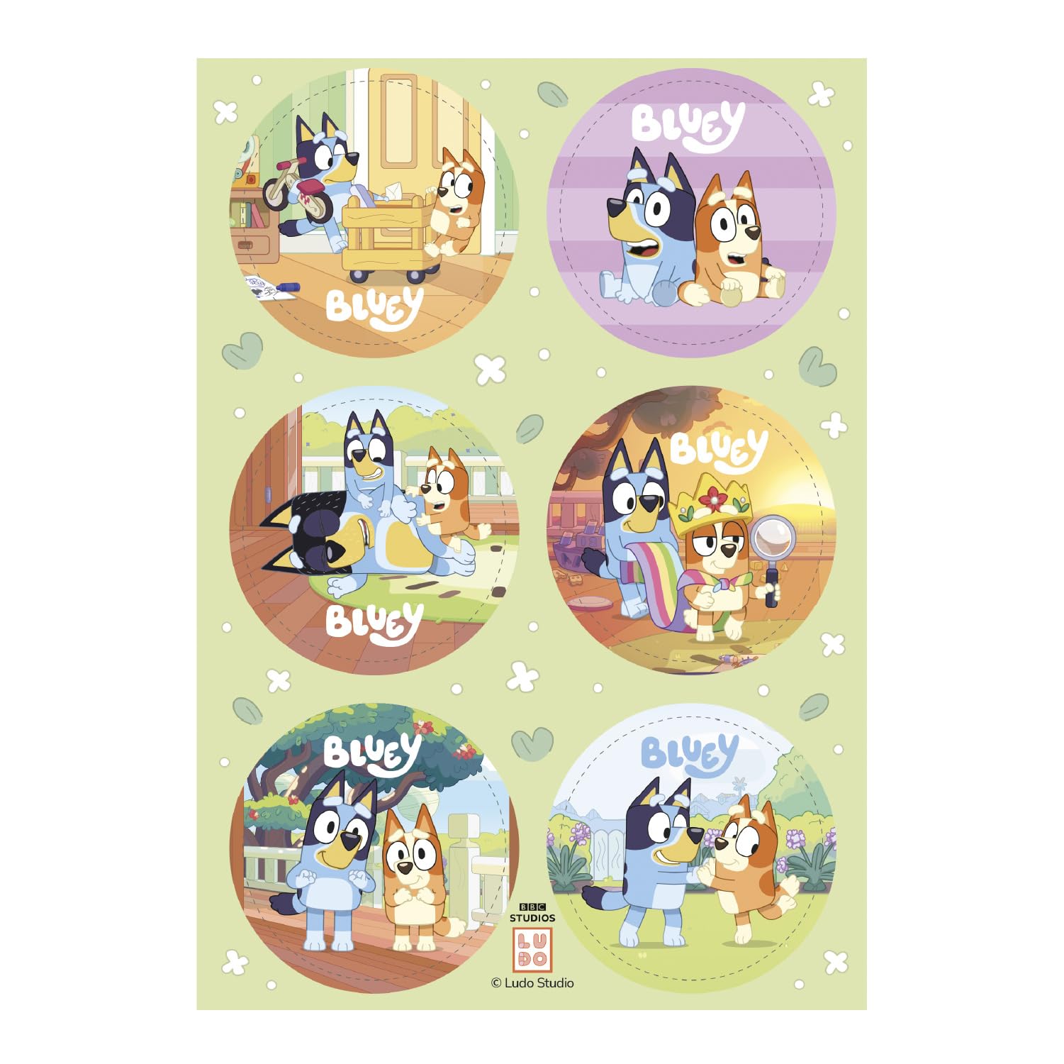 dekora – Bluey Edible Cake Decorations, 6 Mini Edible Paper Discs Ø 5.8 cm, Bluey Birthday Decorations with Bingo for Cupcakes, Muffins and Cakes, Gluten Free, Lactose Free, Suitable for Vegetarians