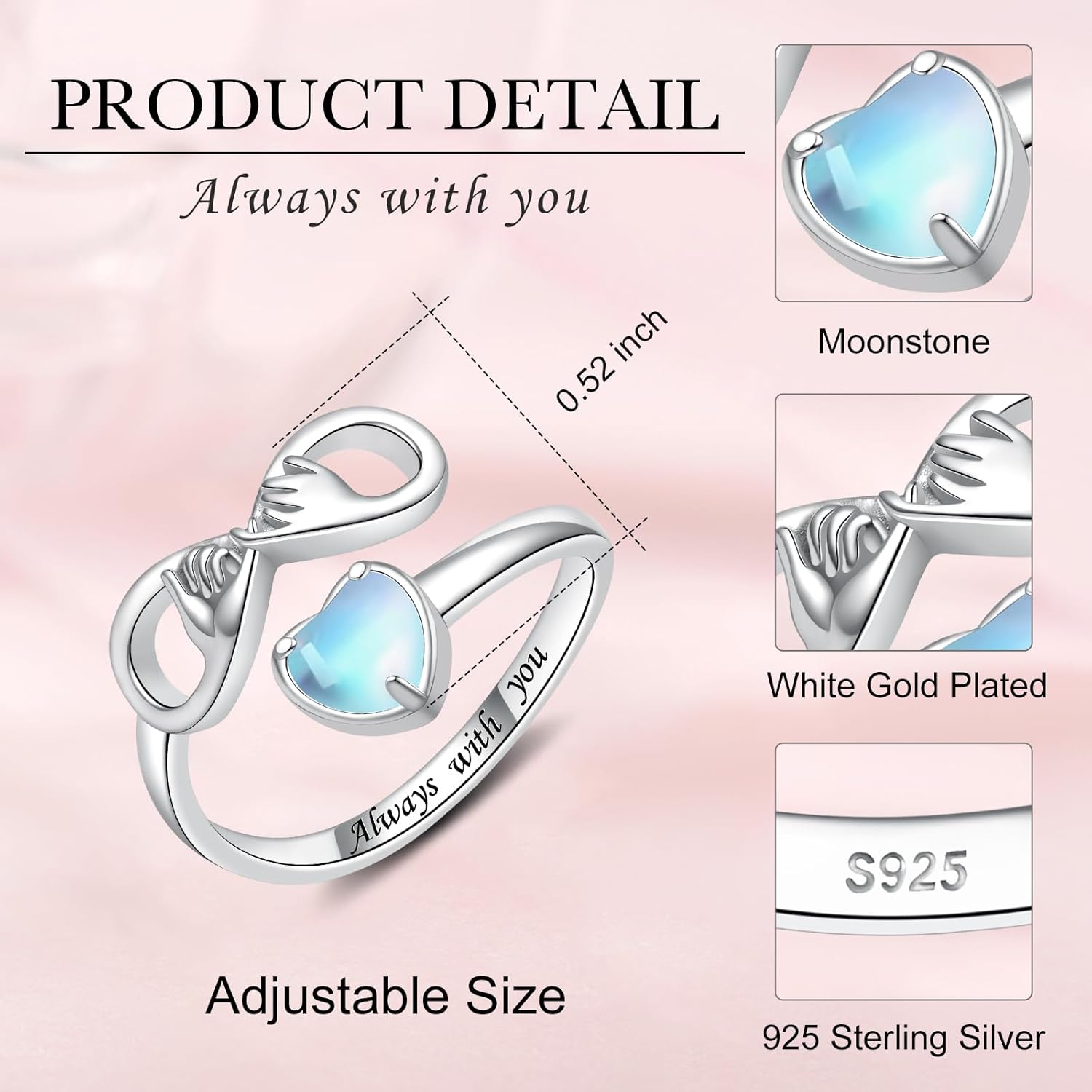 Pinky Promise Rings-925 Sterling Silver Infinity Heart Adjustable Couples Rings for Valentines Day Jewelry Gifts - Image 4