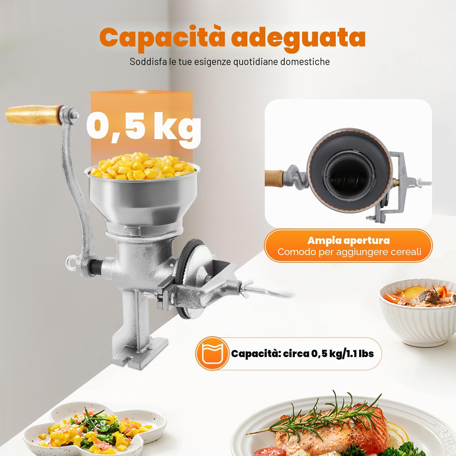 Macinino manuale per cereali con morsetto da tavolo, macinacaffè regolabile per noci e spezie, capacità 1,1 kg e antiruggine, in ghisa con manico a 360°, per erbe, cereali, caffè, pepe