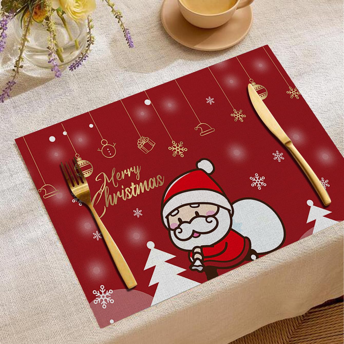 Lot de 6 sets de table carrés en lin Motif Père Noël