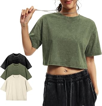 Wyeysyt Cropped T Shirts for Women Short Sleeve Acid Wash Cotton Tops Vintage Oversized Casual Basic Tee Shirts