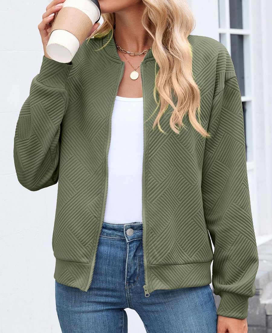 Women's Zip Up Cropped Jacket Loose Long Sleeve Round Neck Lightweight Coat Casual Coarse Knitted Baseball Jacket - Image 4