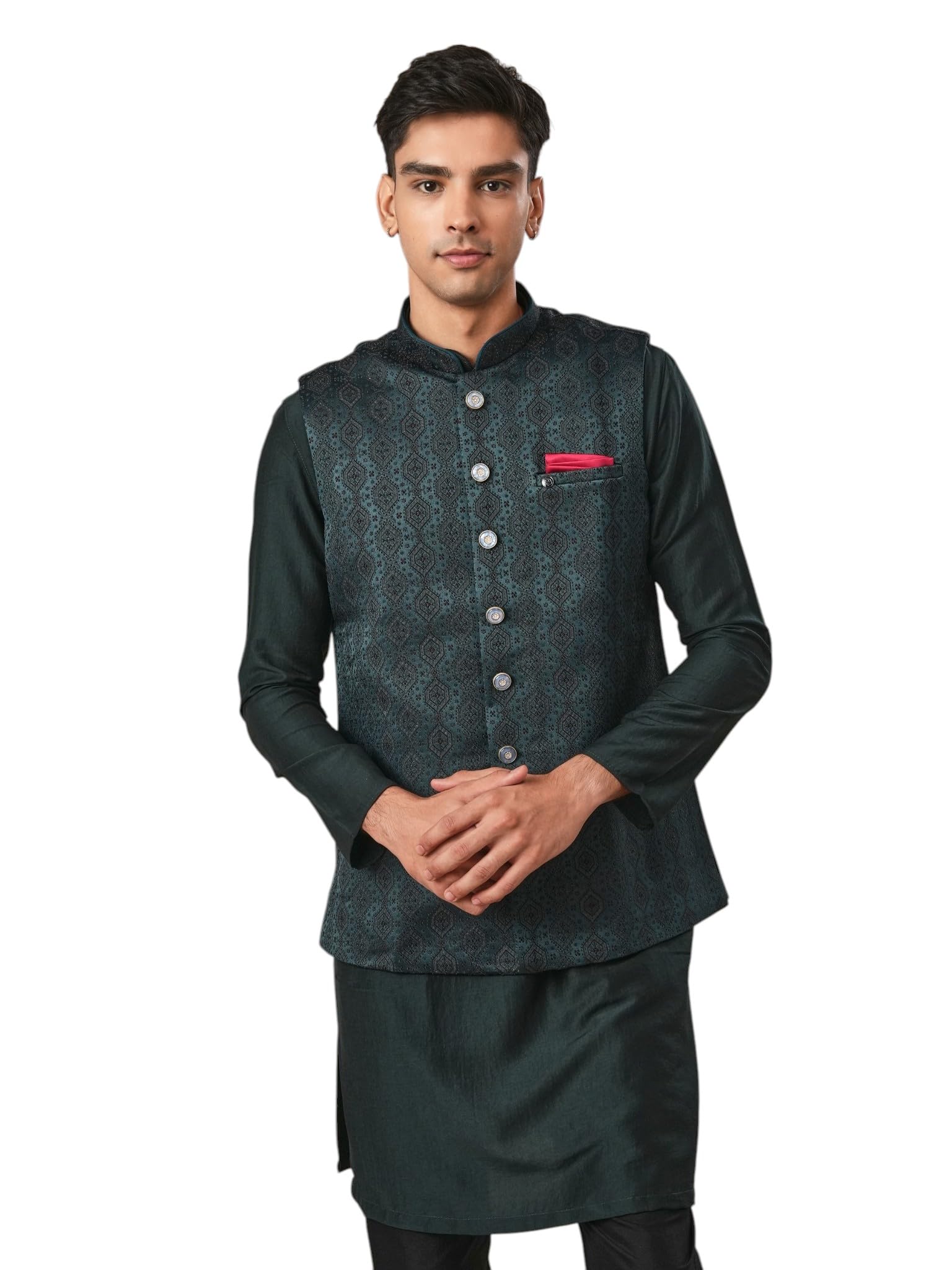manyavar Men's Brocade Self-Textured Buttoned Nehru Jacket (1pc)-picture-26
