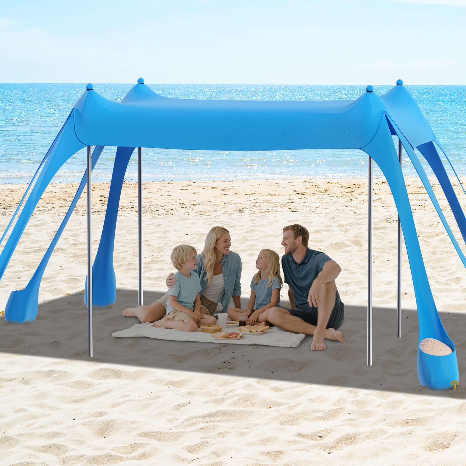 FAHKNS Beach Tent, Camping Sun Shade UPF50+ with 8 Sandbags, Sand Shovel, Ground Spikes and Stabilizer Poles, 10x10ft Beach Sunshade, Beach Tent for