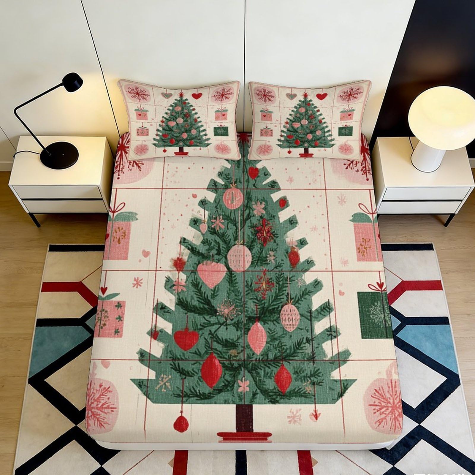 Qjzxknhpgr Style-10 3D Printed Christmas Tree Fitted Sheet Microfiber Soft Festive Gift Bed Cover For Bedroom Guest Room Decor 90X200x25cm