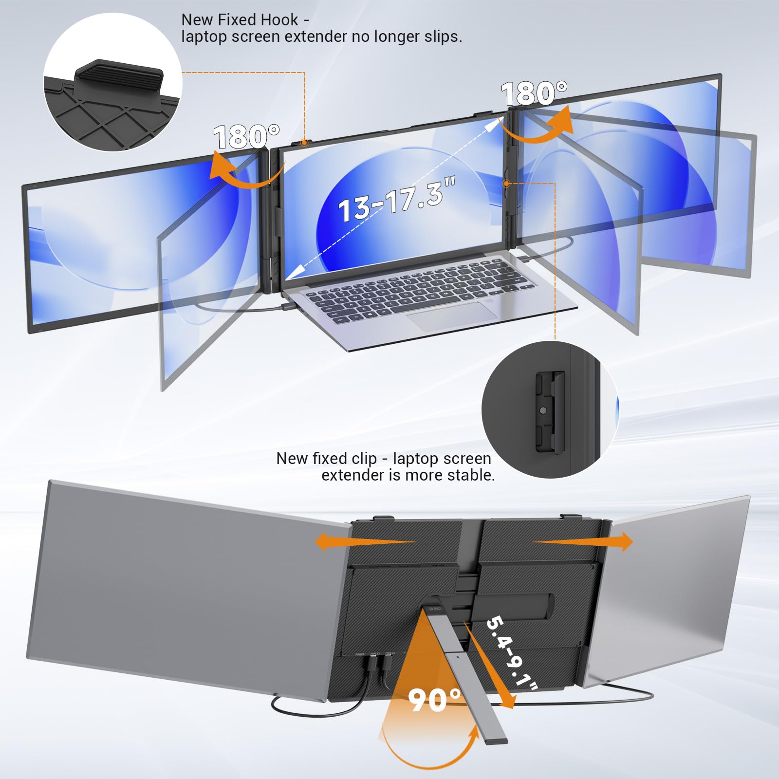 Ultra-dünner Portable Monitor for Laptop, 14” Triple Laptop Bildschirm Extender, 1080P FHD Laptop Screen Extender, ultraleichte Reisemonitore für 13,3-17,3” Laptops, kompatibel mit Windows/Mac