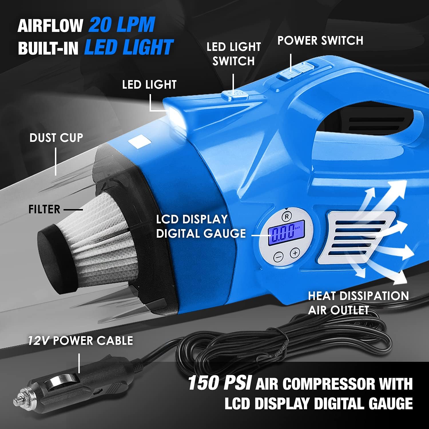 DNA MOTORING TOOLS-00183 Portable Handheld High Power Mini Corded 2 in 1 Vacuum Cleaner, Air Compressor w/Digital Tire Pressure Gauge & LED Light, Car Cleaning Kit,Blue : Everything Else