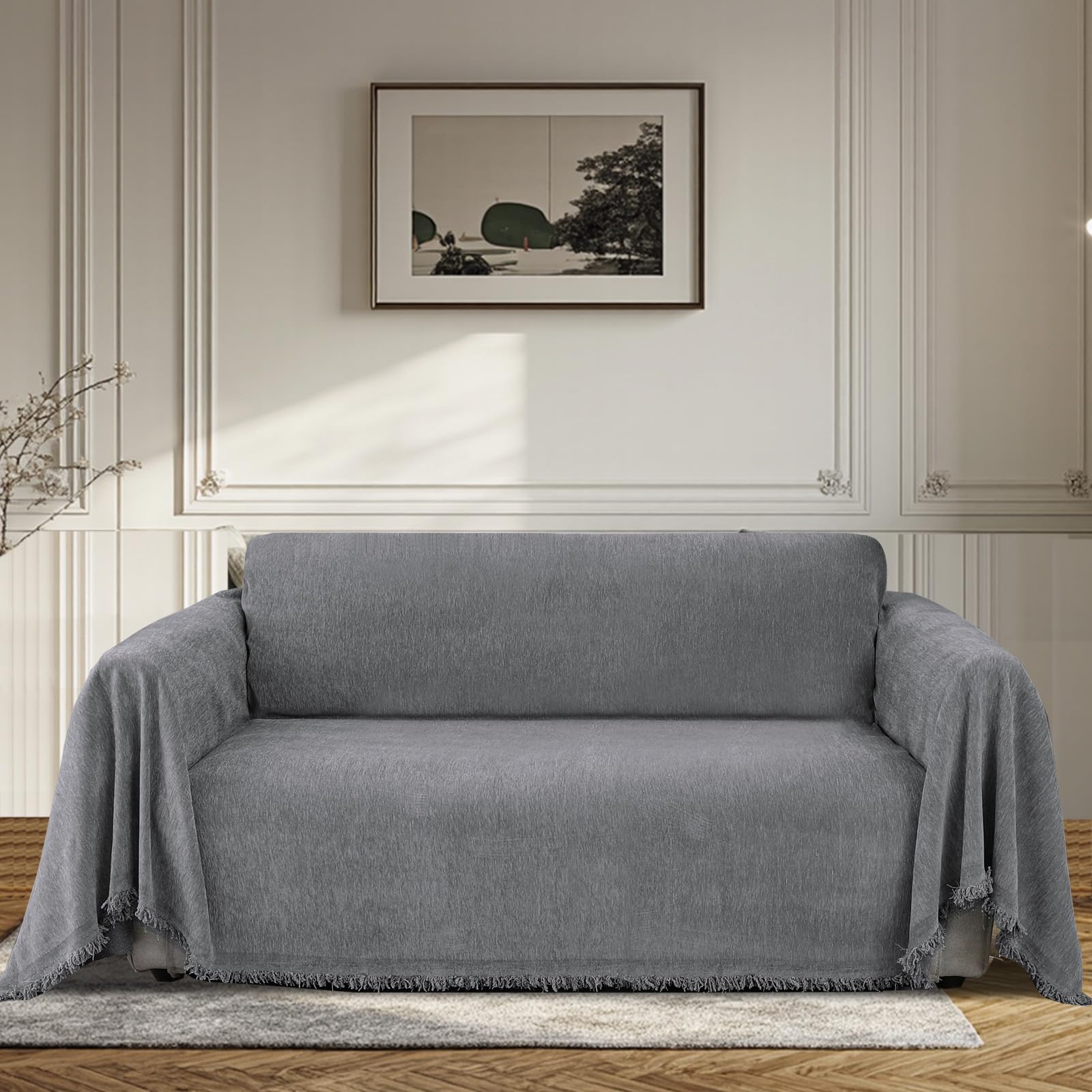 Bellahills Grey Sofa Cover 3 Seater Chenille Sofa Covers 2 Seater Armchair Covers L Shape Sofa Slipcover Non-Slip Couch Covers With Tassel Sofa Protector From Dogs, 180X260cm,