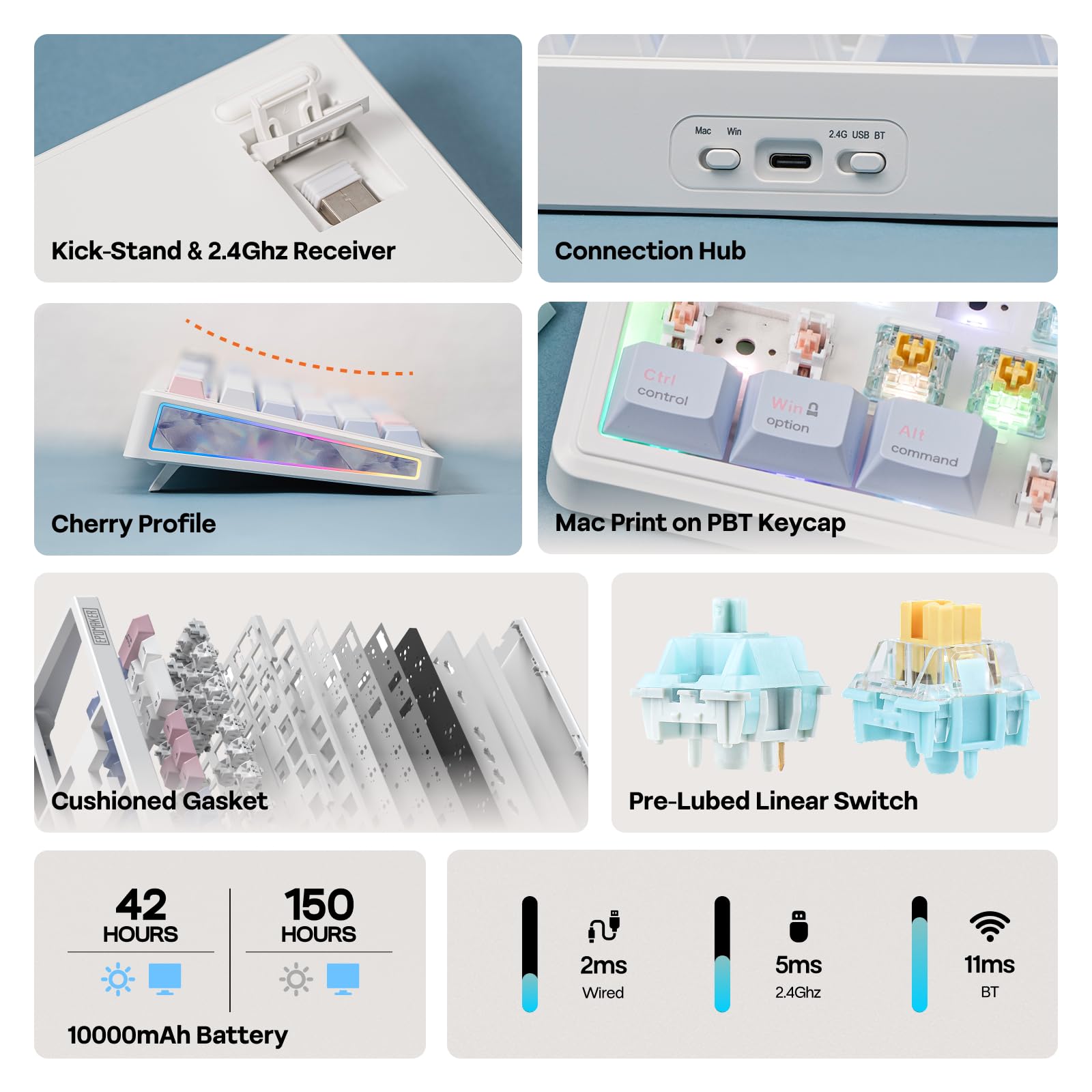 EPOMAKER TH108 V2 PRO Wireless Gaming Keyboard with TFT Screen&Knob, 10000mAh, RGB, 2.4Ghz/BT/USB-C, PBT Keycap, Custom Driver, Full Size Wireless Mechanical Keyboard (Blue, Creamy Jade) - 3