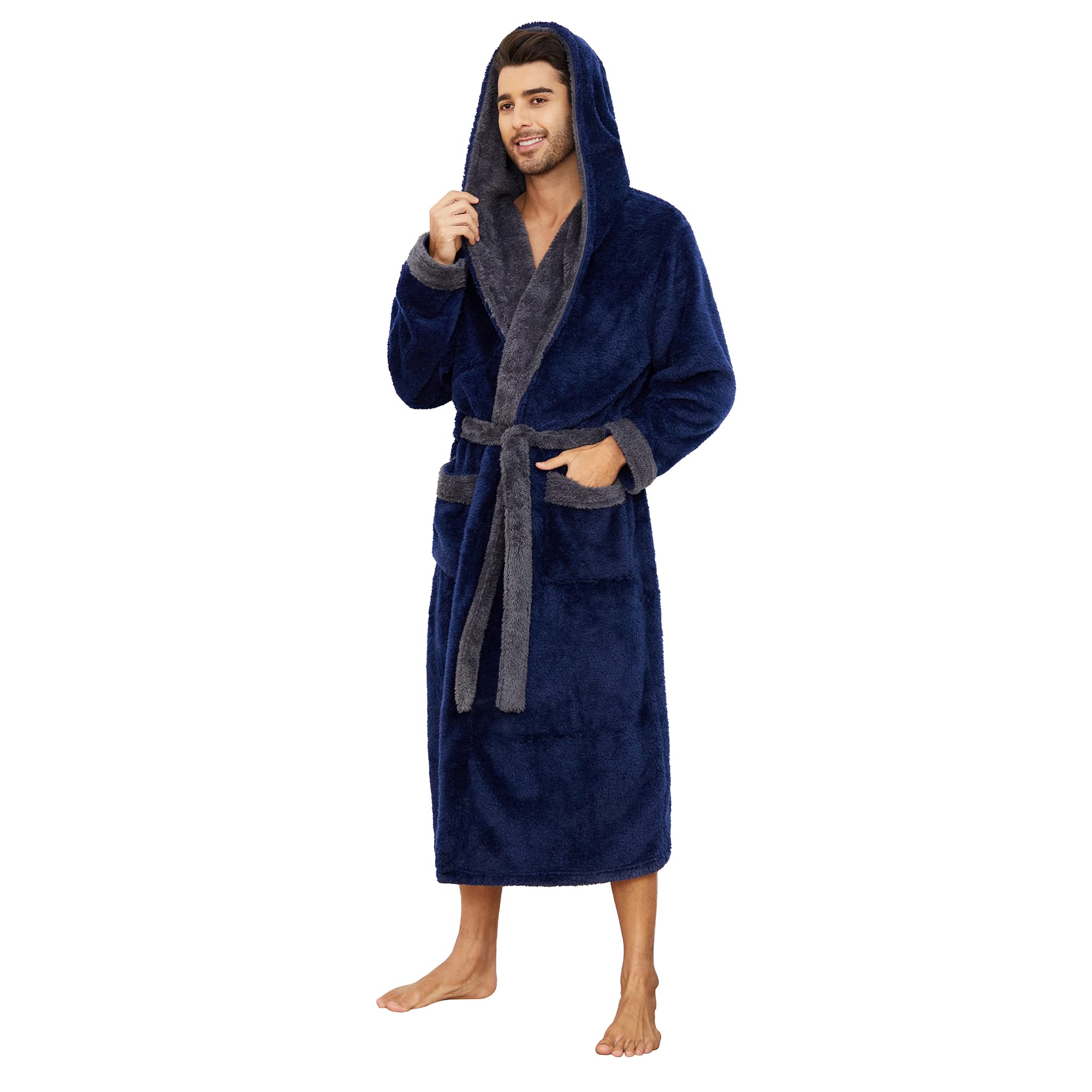 Mens Robe Big and Tall with Hood,Full Length Plush Robe for Men Long Fleece Bathrobe, Navy/Light Grey, Large-X-Large-image-12