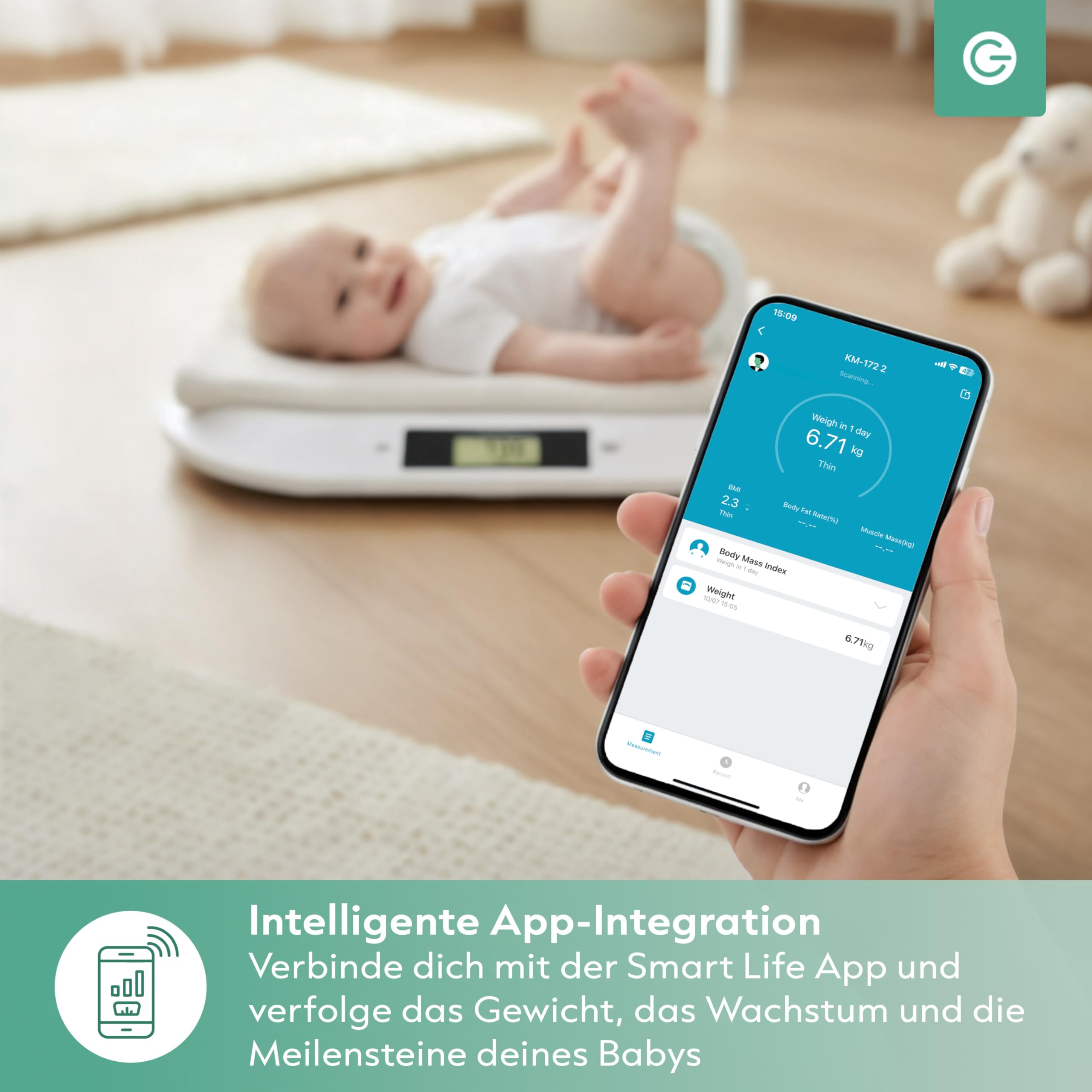 Silvergear® Smart Babywaage mit Bluetooth | Digitale Babywaage mit App für Neugeborene Kinder Haustiere | Präzise Messung bis 20 kg | Smart Life App | 54,5×31,5×2,7cm | Weiß