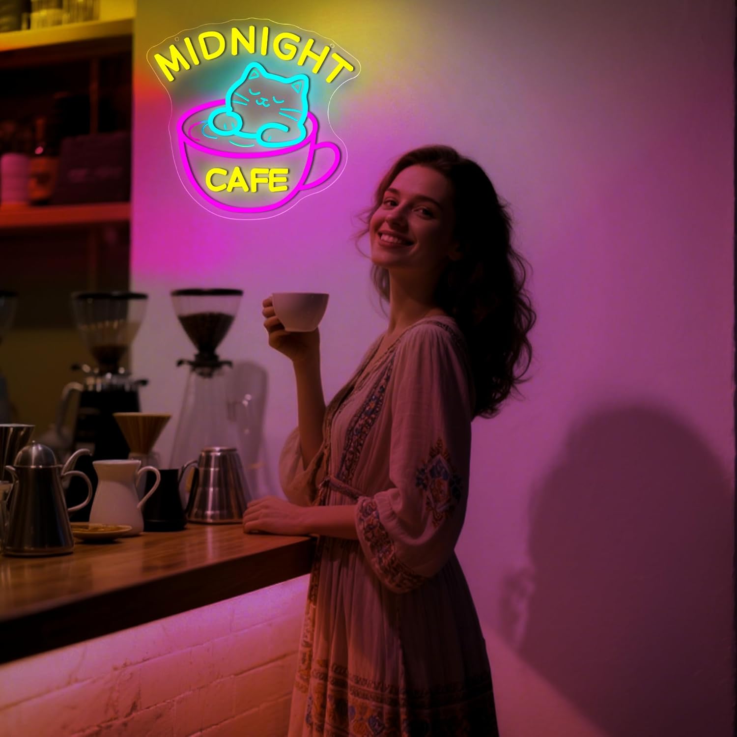 Midnight Coffee Cat Neon Sign for Wall Decor Dimmable Cafe LED Light Sign for Business Coffee Bar Decor Cute Cat Cafe Signs for Shop Bar Kitchen Home USB Powered Light Up Sign Size 13 * 12.6in(P088)