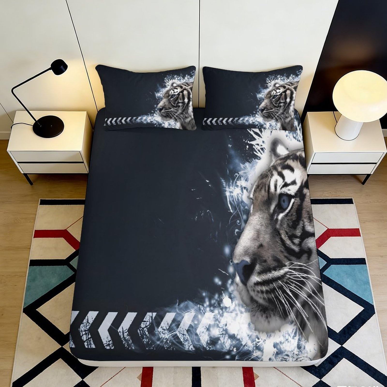 3D Printed Tiger Pattern Fitted Sheet Microfiber Durable Breathable 3D Printed Tiger Face Mattress Cover for Bedroom Dormitory Guest Room Use 140x200x25cm