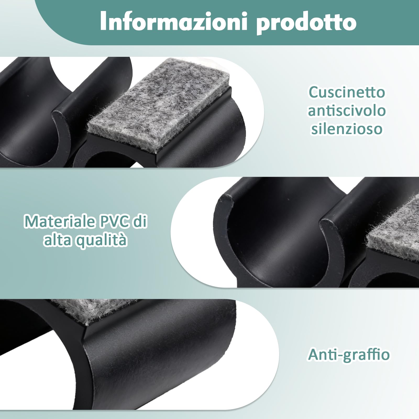 16 Pezzi Feltrini per Sedie Girevoli, Piedini per Sedie in Feltro 25mm Nero con Sistema a Pressione, Protezioni per Gambe di Sedia contro Graffi e Rumore