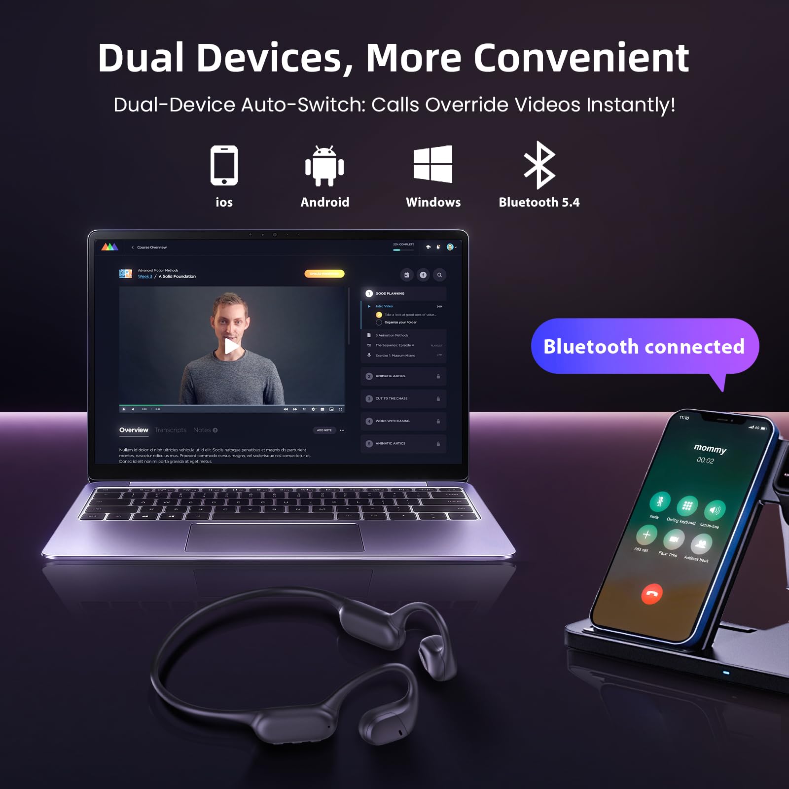 HIFI WALKER Słuchawki z otwartym uszem, Bluetooth 5.4, 32 GB MP3, odtwarzanie 15 godzin, rozmowy HD, do biegania, jazdy na rowerze i fitnessu