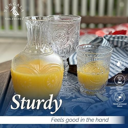Miniatura 7 de Juego de 6 vasos de vidrio de 8 onzas con un diseño único de patas y diseño de vidrio prensado