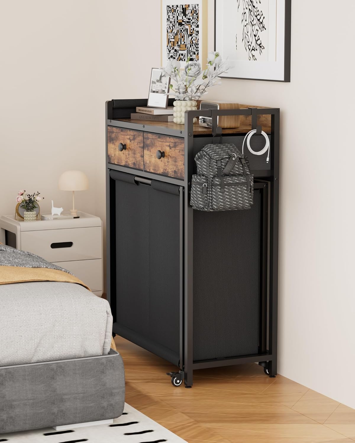 Laundry Hamper Basket: 2 Section Laundry Sorter with Wheels and Shelf - Rolling Laundry Basket Organizer with Shelf Drawers and Pull-Out Cart - Clothes Hamper for Laundry Room Bathroom Bedroom