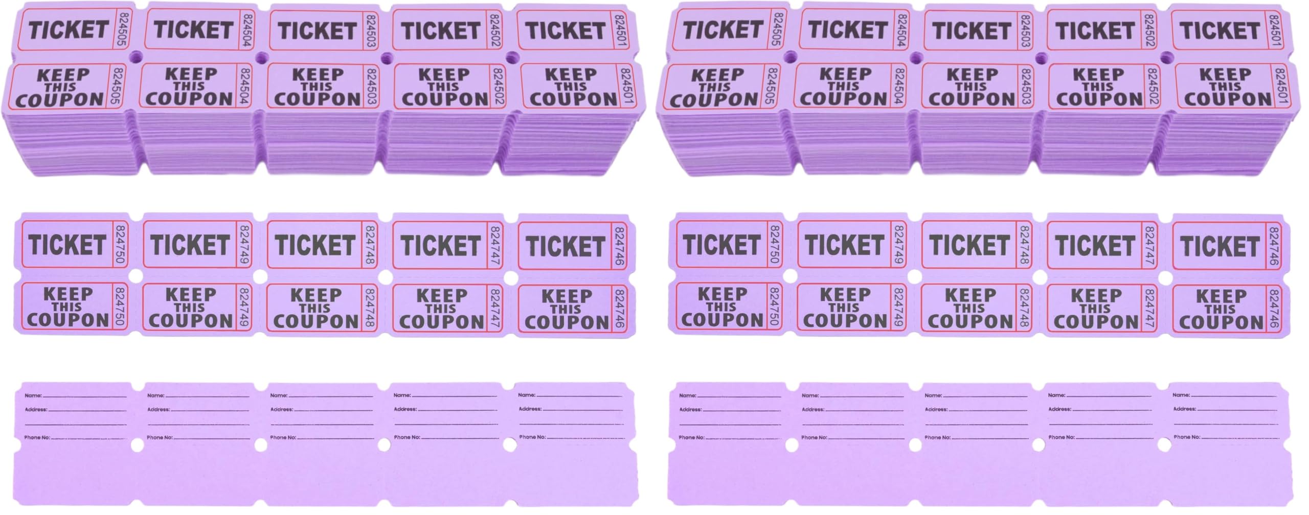 Homrelaxy 2000 Pcs 1000 Pairs Raffle Tickets, 50/50 Double Raffle Tickets, 250 Double Tickets Per Stack, for Events, Entry, Carnivals, and Door Prizes(Purple) (Pack of 2)
