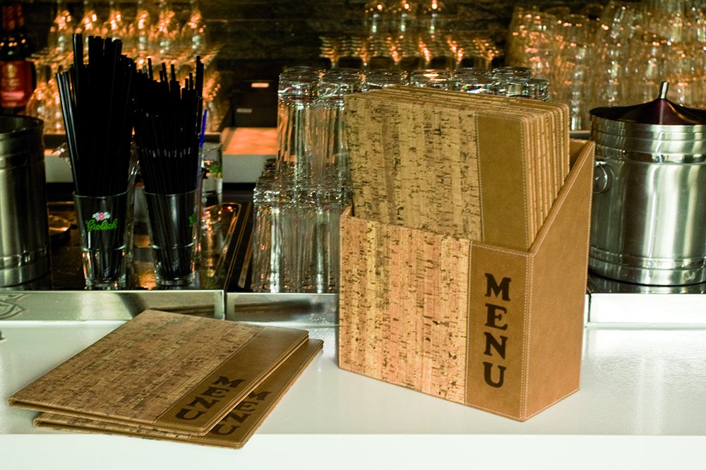 SECURIT - Set de 10 Portamenús Design Line con Caja de Exhibición | 1 Inserto Fijo Doble Cara = 4 Páginas A4 - Posibilidad de Añadir Insertos - Café, Bar, Restaurante - Imitación Cuero PU
