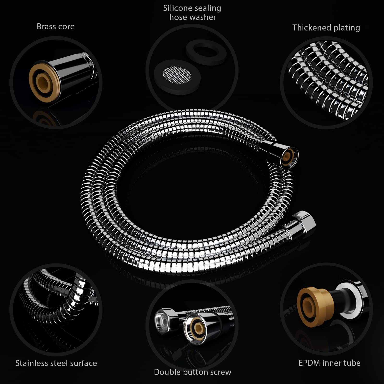 Tubo doccia flessibile da 1,5 m, in acciaio inox, anti-torsione e anti-piegatura, antiperdite, universale G1/2", cromato/argento (1.5M)