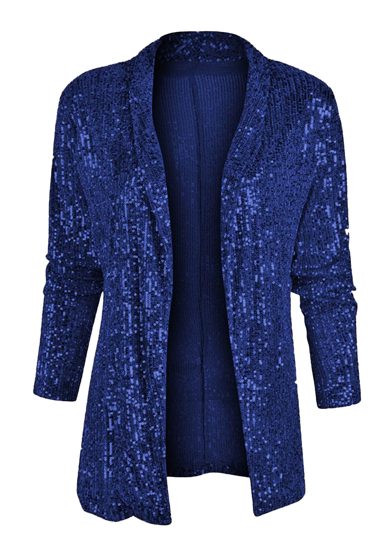 Womens Sequin Cardigan Sparkly Jacket Long Sleeve Open Front Glitter Party Sequin Blazer Jacket Navy Blue