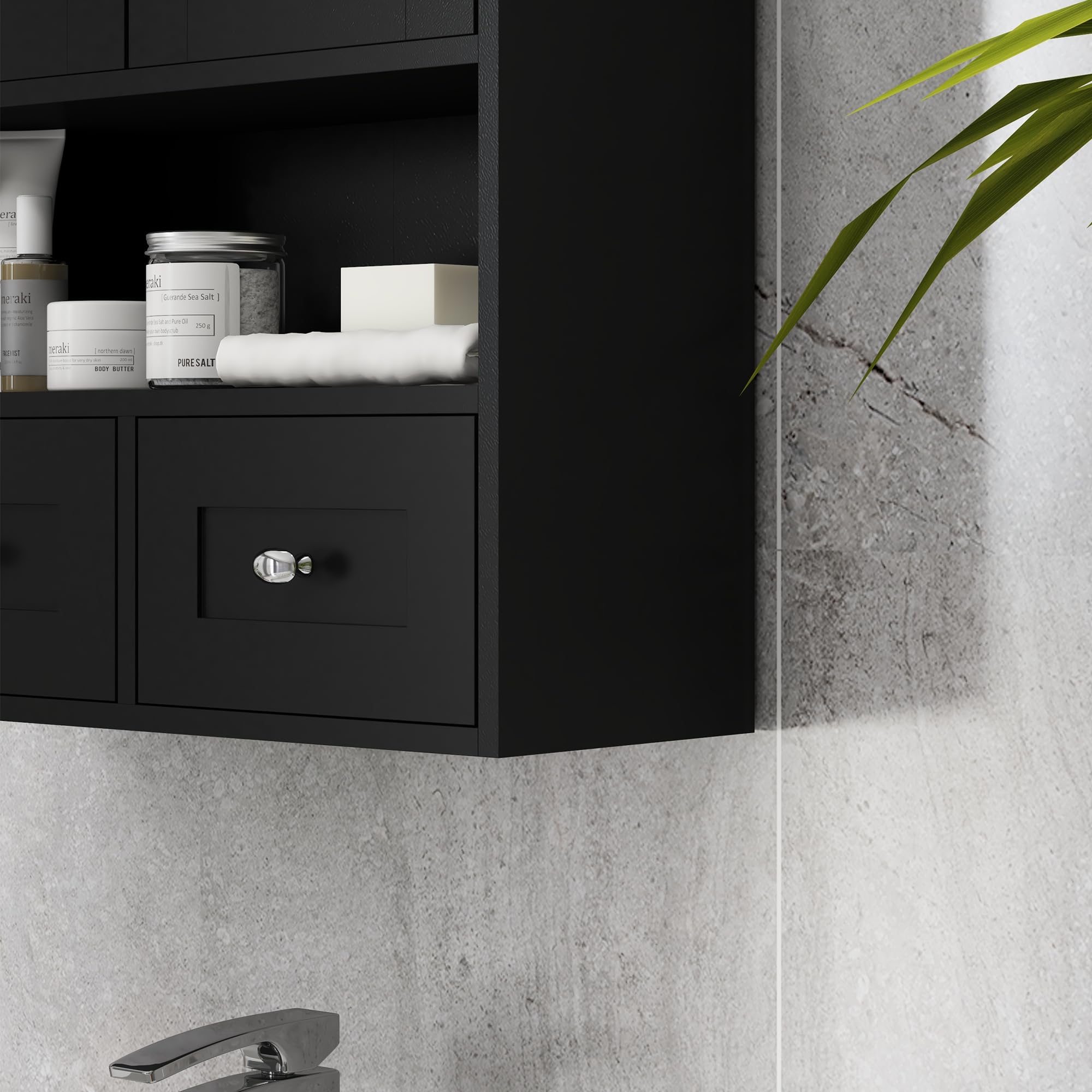 kleankin Armario de Baño de Pared, Armario Colgante, Mueble Suspendido de Baño, 2 Puertas con Cierre Magnético, 2 Cajones y Estante Abierto, para Cocina, Lavadero, 50,8x17,8x66 cm, Negro