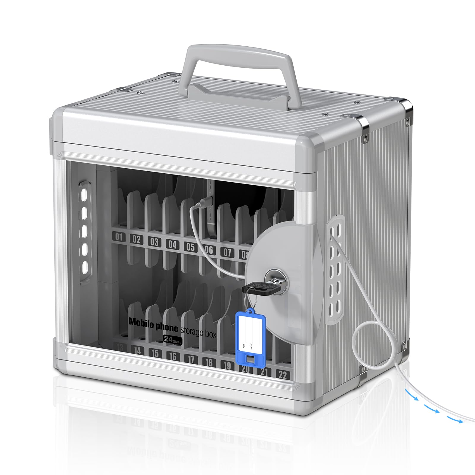 Glosen Casiers pour téléphones Portables 24 emplacements pour salles de Classe avec Serrure à clé, boîtes de Rangement pour téléphones à Fixation Murale avec Ports de Recharge Type-C (Argenté)