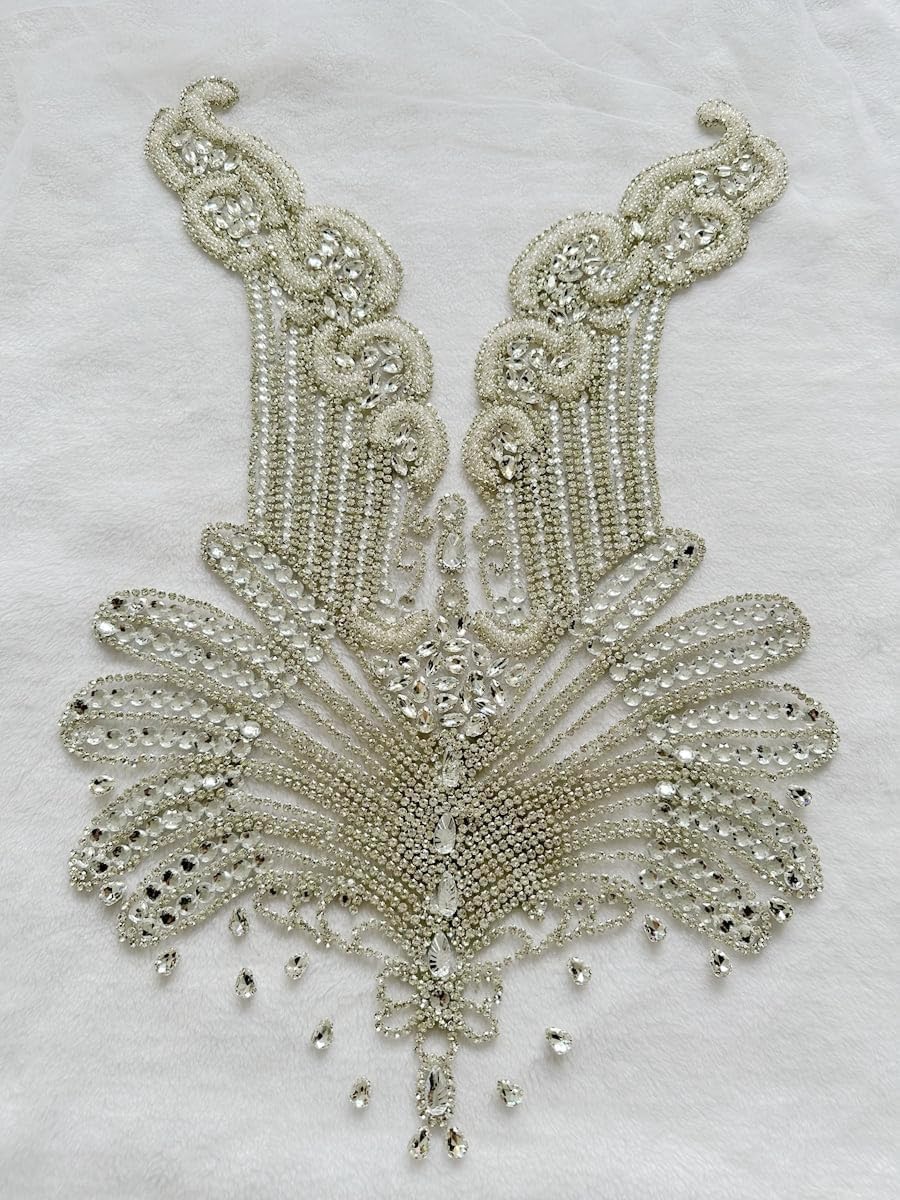 100% Handmade Rhinestones Applique on White net sew on Beads Crystal Patches Accessory for Dress Clothes (Silver 2)