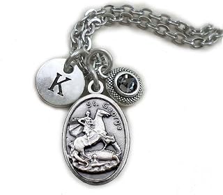 St. George Necklace, Keychain or Clip, Birthstone Crystal Pendant, Initial Charm, Patron Saint Confirmation Gift