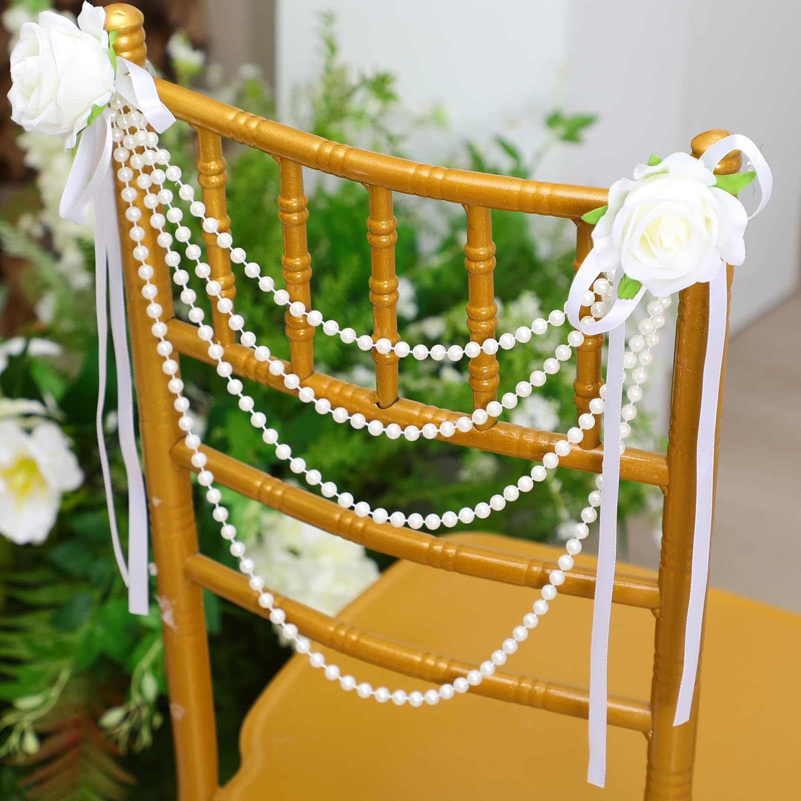 Wonderjune 16 Stück Perlenperlen Hochzeit Stuhl Girlande Dekoration Künstliche Rose mit Kunstperlen Perlenschnur Brautdusche Stuhl Schärpe Kokette Rückdekoration für Hochzeitszeremonie Party Bankett