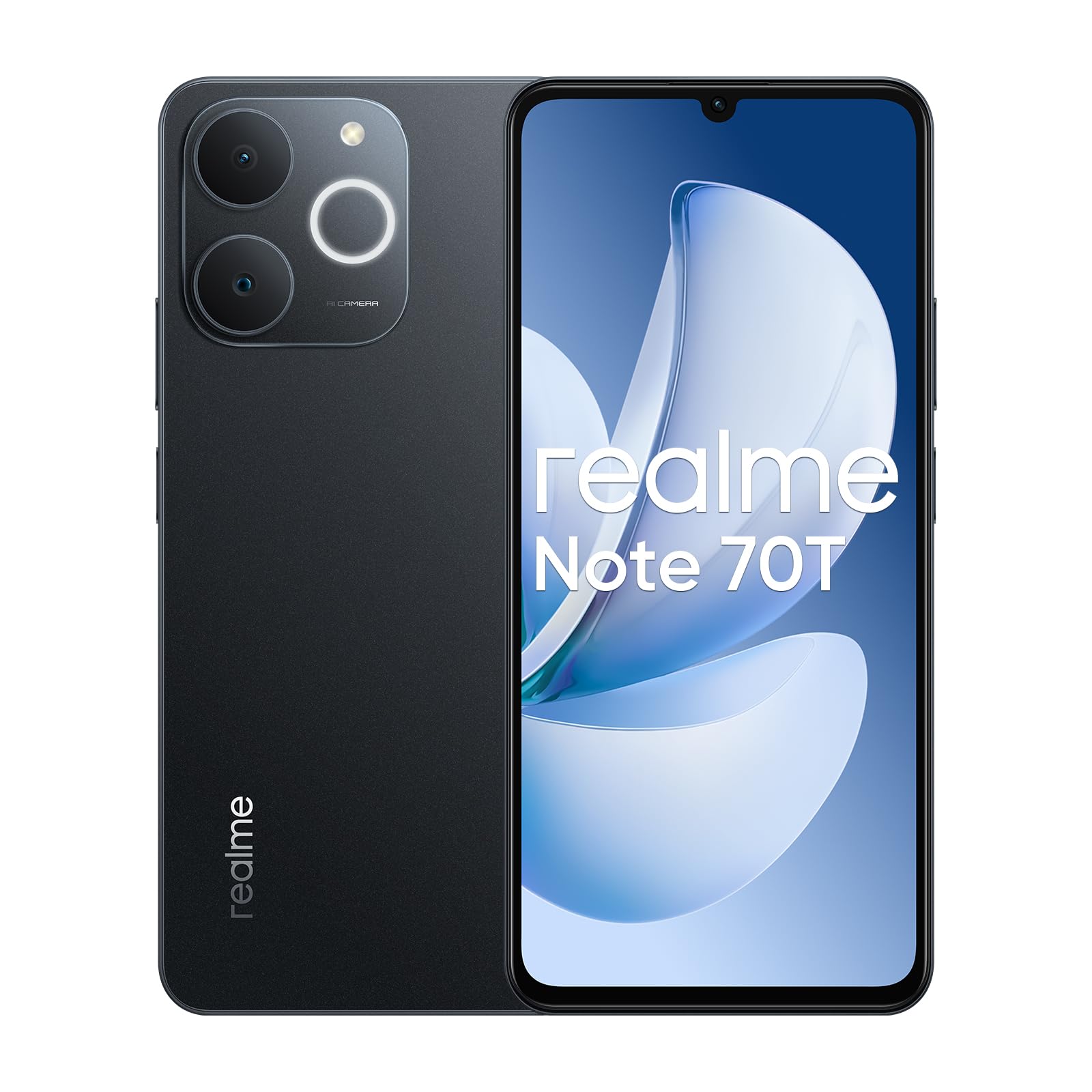 realme Note 70T Smartphone, 4+128GB, batteria 6000mAh, ricarica rapida 15W, display HD 90Hz da 6,75 pollici, fotocamera 18MP, chipset Octa-core T7250, NEXT AI, IP54, senza caricatore - Nero