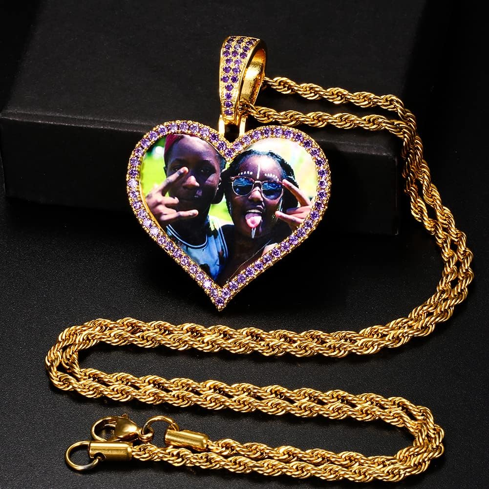 TUHE Custom Picture Necklace Personalized Hip Hop Iced out Heart Angle Wings Pendant Photo Necklace for Men Women Memory Chain Necklace Customized with Picture Rope/Tennis/Cuban Chain Necklaces