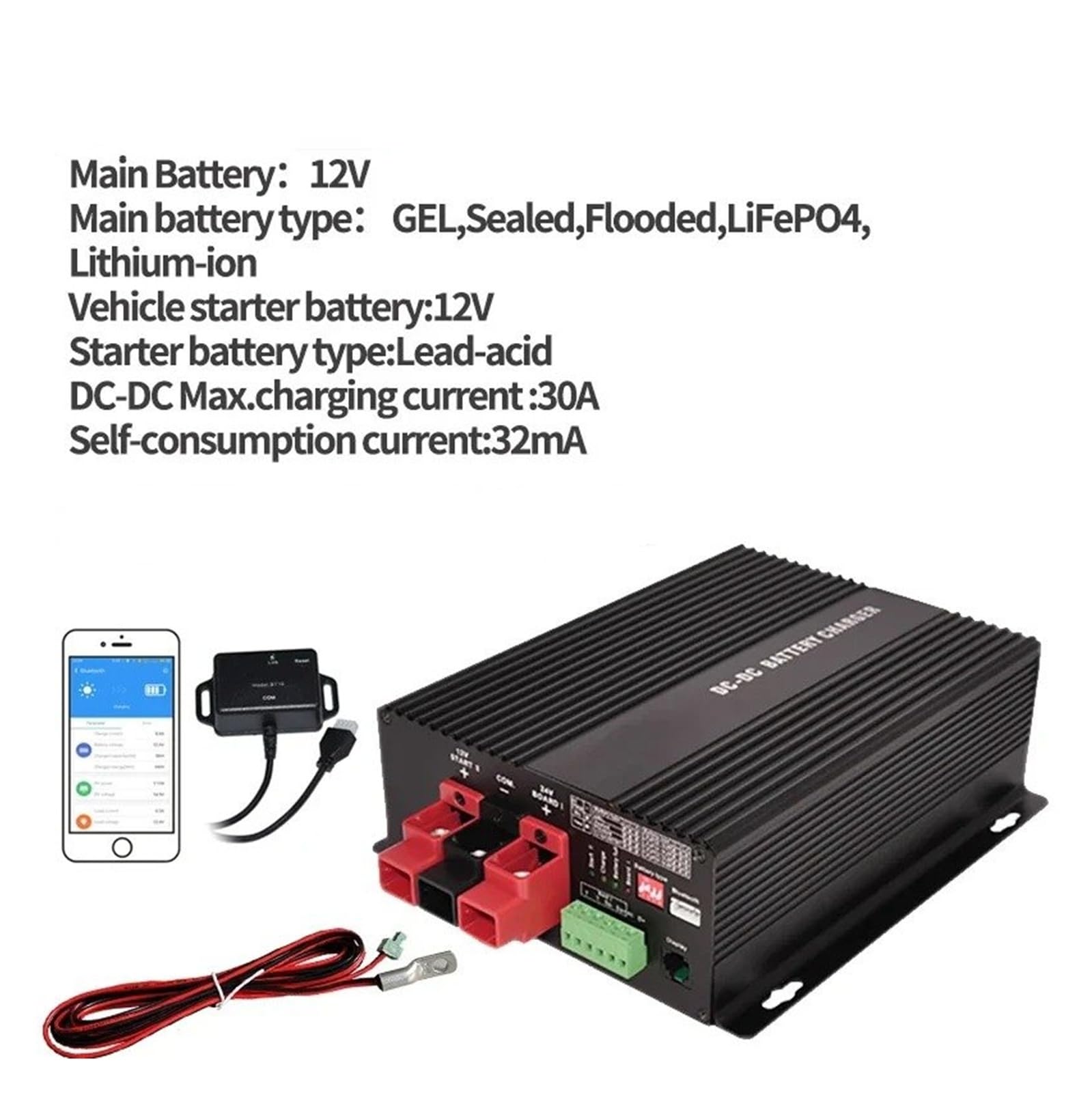 Convertidor Adaptador Cargador Inteligente 12V CC 30A Refuerzo Compatible Aplicación Bluetooth Batería Litio Temperatura Carga Completamente Automática inversor