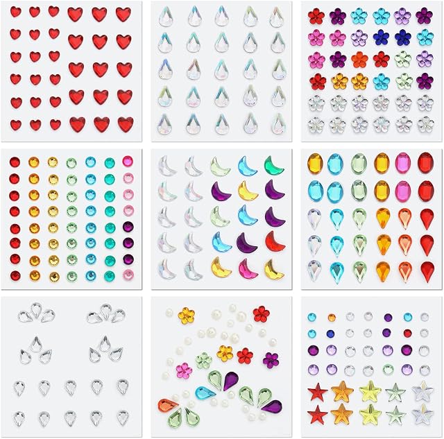 9 Sheets Festival Face Gems Stick on, Self-Adhesive Face Jewels Stickers Face Diamonds Rhinestones for Makeup, Nail Gems Stickers for Face Eye Arm Body Nail Decoration Party (Multicolored)
