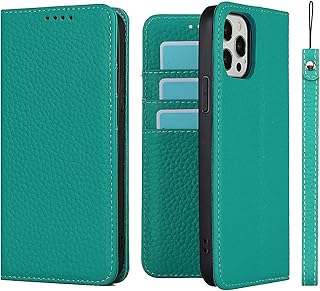 iCoverCase for iPhone 12 Pro Max Wallet Case with Credit Card Holder and Wrist Strap, RFID Blocking Genuine Leather Flip Magnetic Cell Phone Cover Case for iPhone 12 Pro Max 6.7 Inch (Blue-Green)