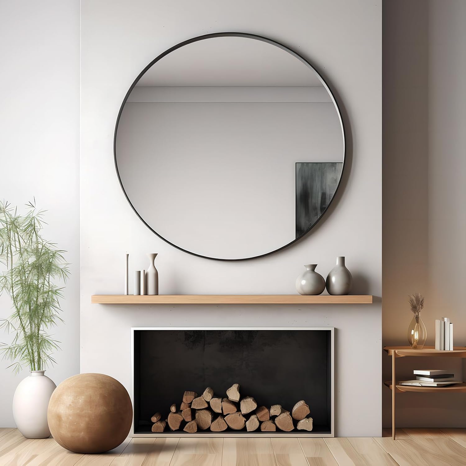 Round Mirror, 48''Black Metal Frame Wall Mirrors for Bathroom,Entryway