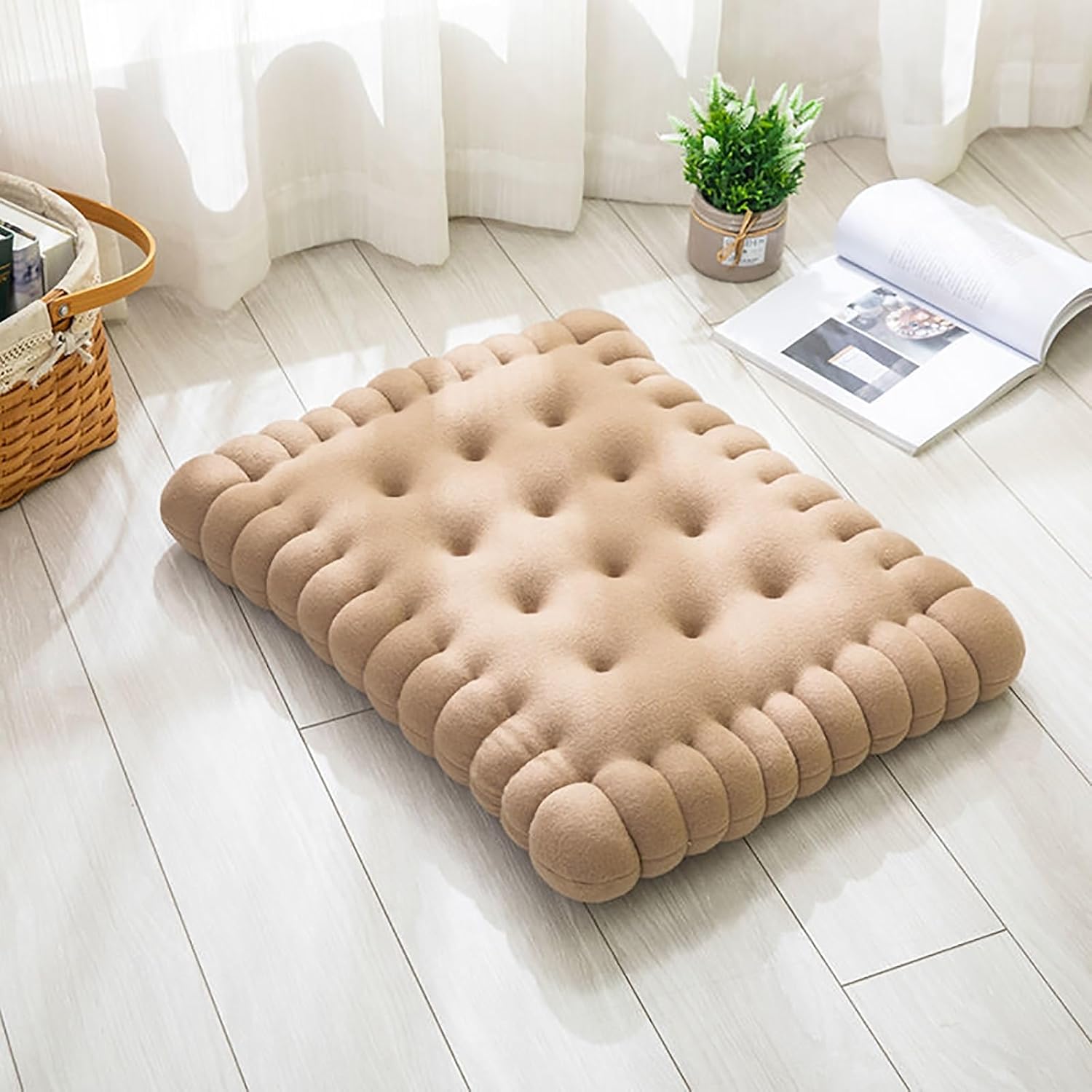 Be&xn Thickened Biscuit Floor Pillow Cushions for Adults Kids, Cute Square Chair Pads Floor Pillows, Comfort Padded Seat Cushion for Home Decor Tatami Office (Khaki, 50x60cm/19.6x23.6in)