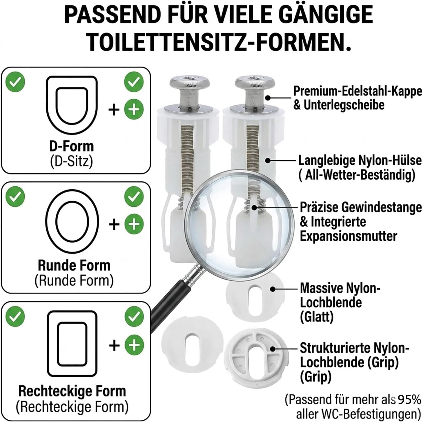 YOGAZEN Toilet Seat Attachment, Toilet Seat Replacement Parts, Expansion Screw for Toilet Seat Attachment, Toilet Mounting Set, Toilet Seat Fixed Screw, for Toilet Lid, with Plastic Buckle