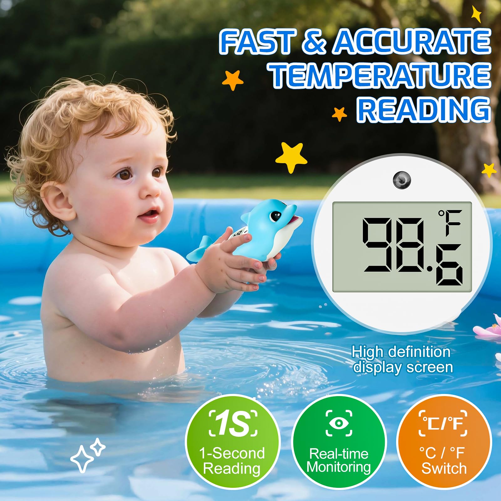 Termometro da bagno per neonato, termometro digitale per la temperatura dell'acqua, giocattolo da bagno galleggiante con delfino, display °C/F, impermeabile e senza BPA