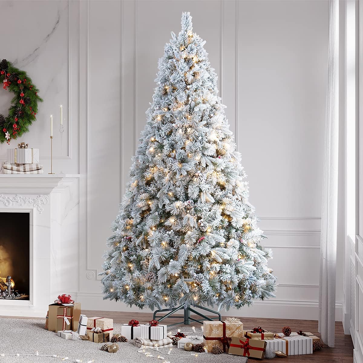 ANOTHERME 7.5ft Full Christmas Tree Flocked, Pre-Lit 550 Warm Lights UL Certified w/ 1,500 PE Mixed Snow Branch Tips, Holiday Decor Artificial Trees Feel Real - White