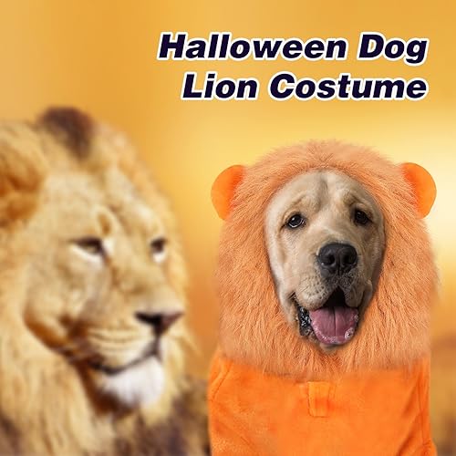 Miniatura 4 de BWOGUE Disfraz de león para perros grandes, disfraz de perro león de Halloween, sudadera con capucha de forro polar cálido con agujero para correa,