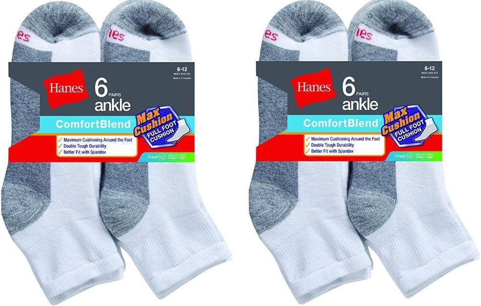 Hanes Mens Comfortblend Max Cushion 12-Pack White Ankle Socks