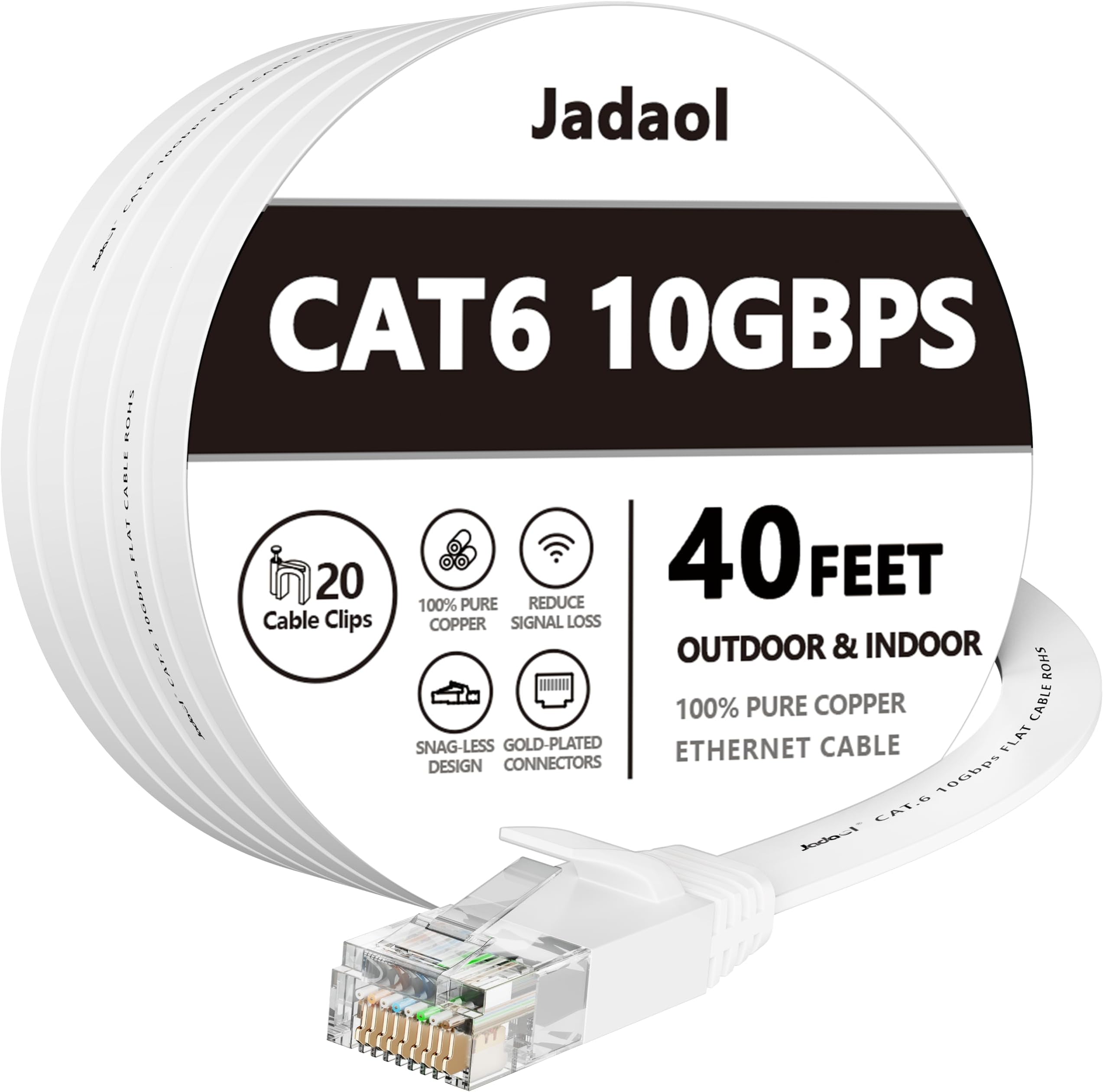 Jadaol Cat 6 Ethernet Cable 40 ft, 10Gbps Support Cat8 Cat7 Network, Flat RJ45 LAN Patch Cable, High-Speed Wired Internet Cable for Router, Modem, Switch, Gaming Consoles, PC, Streaming Devices, White